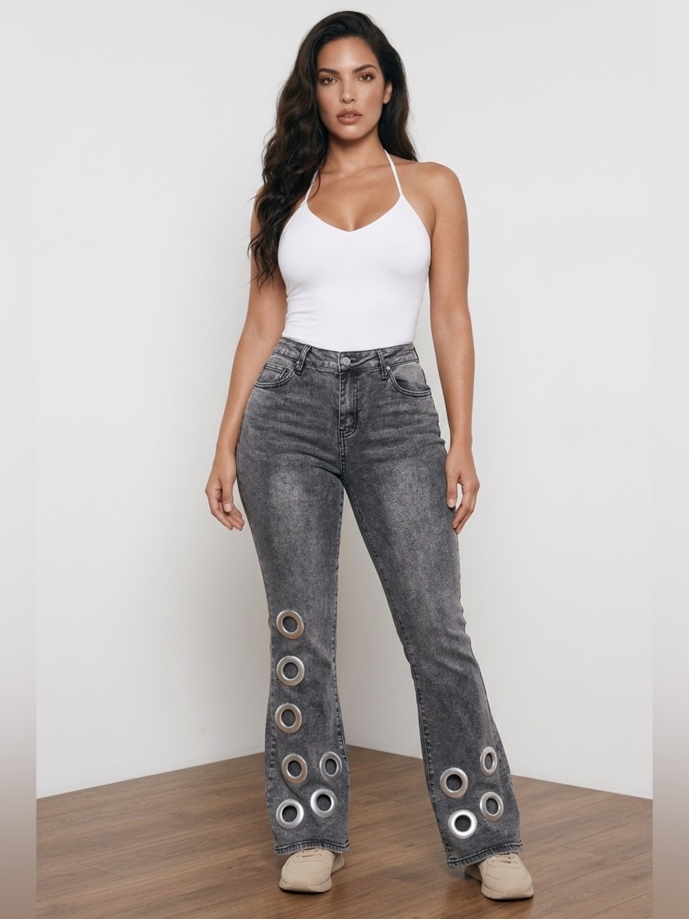 Upcycled charcoal Flare Jeans with Grommet Detail size L